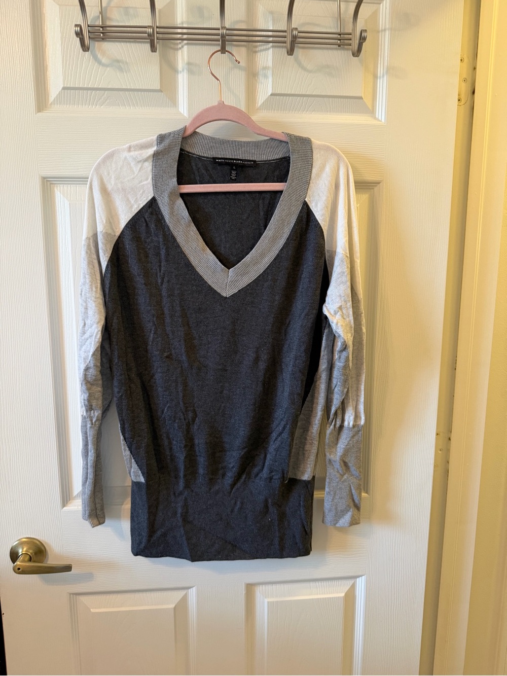 White House Black Market Charcoal and Light Gray V-Neck Sweater
